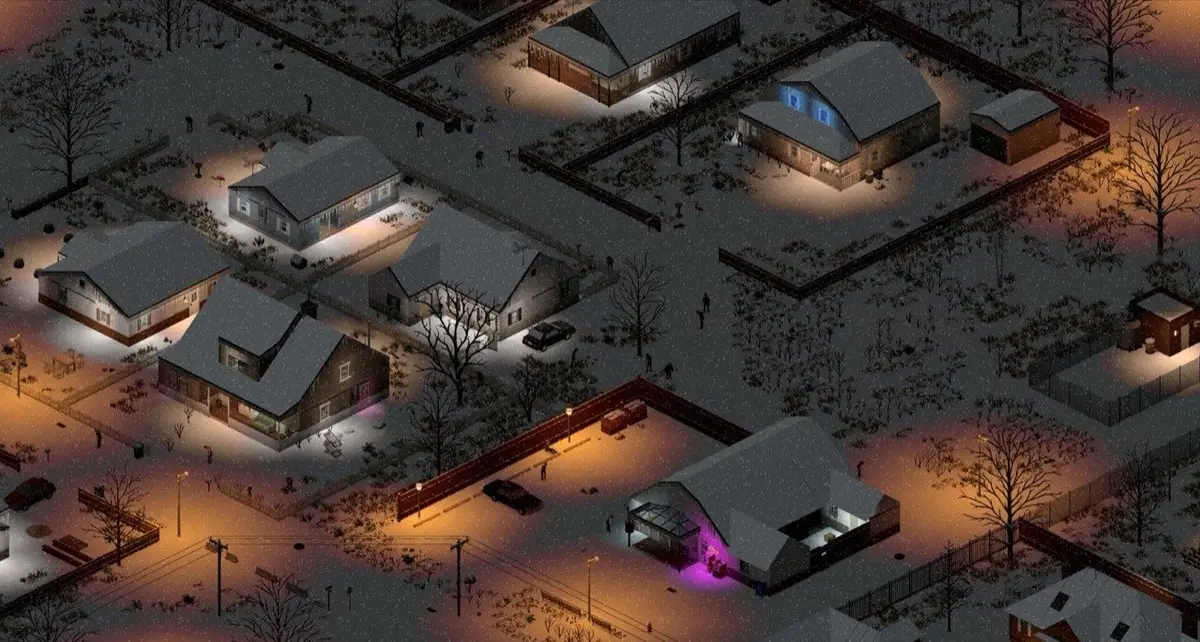 Project Zomboid isometric night view of a snowy suburban neighborhood with lit houses and zombies wandering the streets