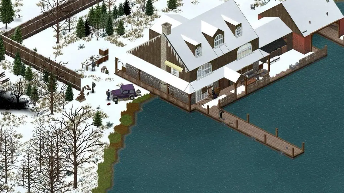 Project Zomboid snowbound waterfront cabin with a docked jeep and survivors gathering supplies by the lake